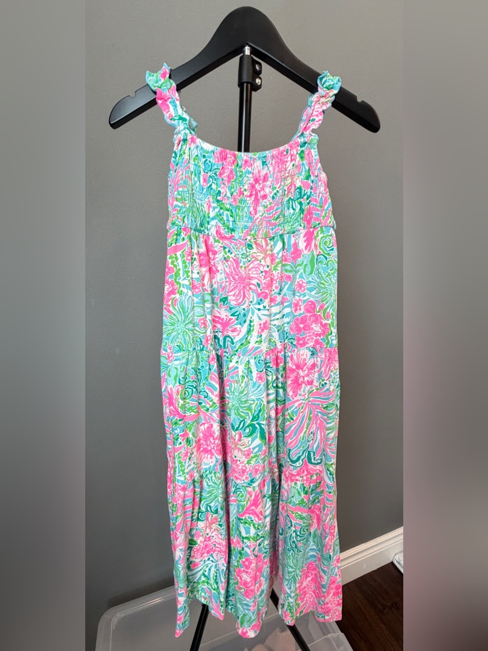Lilly Pulitzer Girls Floral Smocked Maxi Dress Size M 6-7 Pink Green